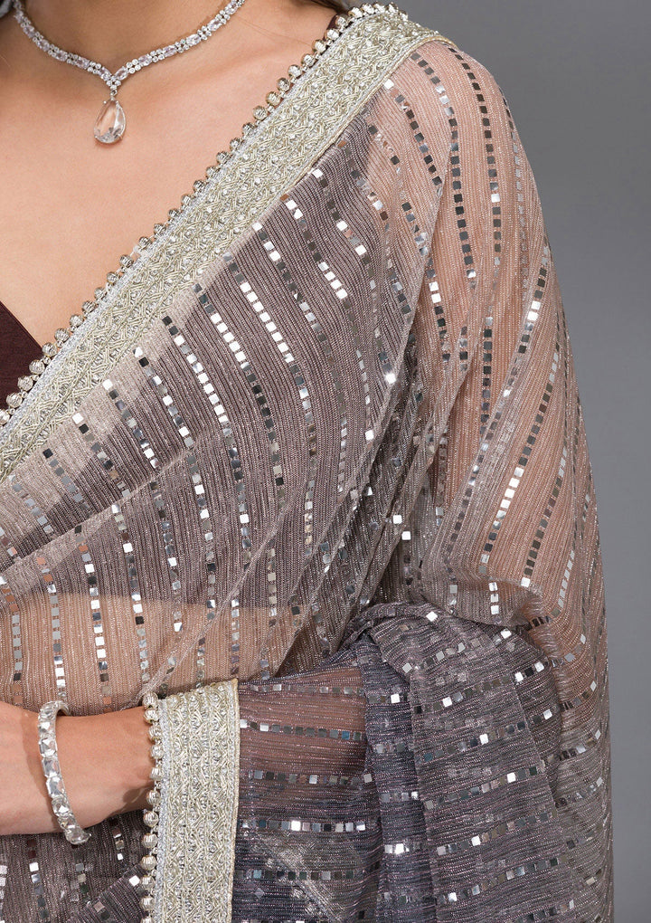 Grey Sequins Lycra Saree-Koskii