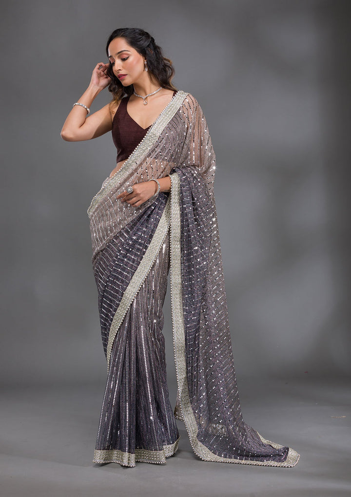 Grey Sequins Lycra Saree-Koskii