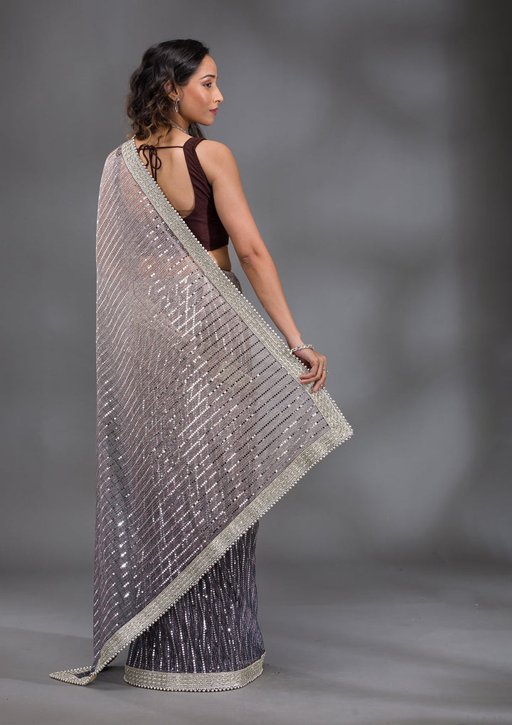 Grey Sequins Lycra Saree-Koskii