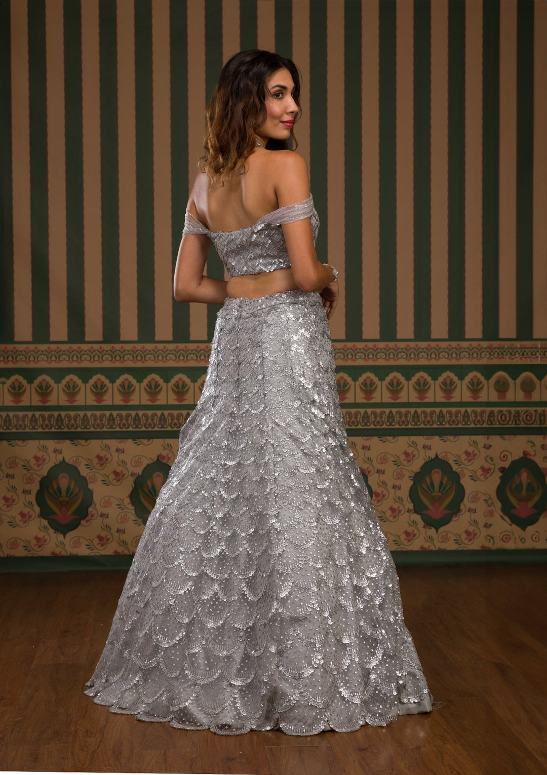 Grey Sequins Net Semi Stitched Lehenga