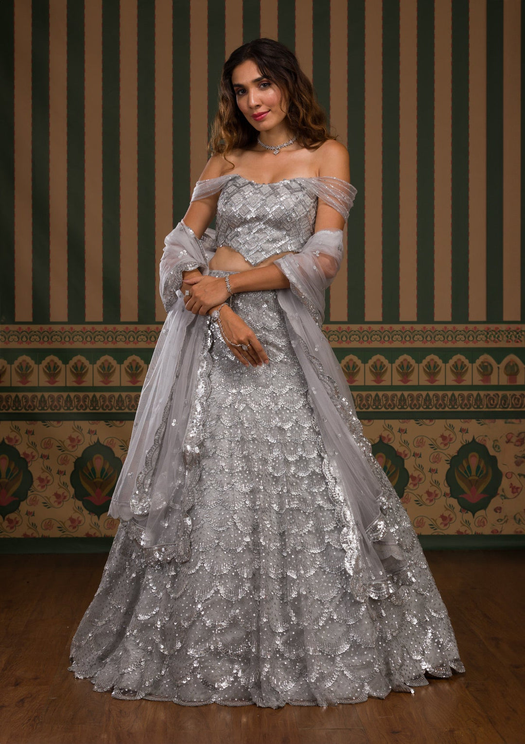 Grey Sequins Net Semi Stitched Lehenga