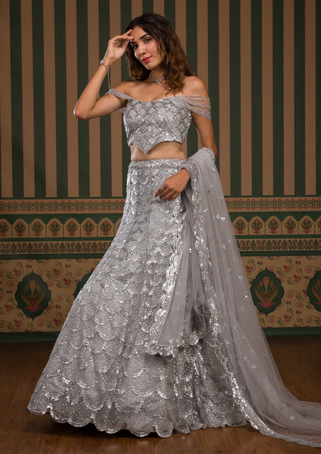 Grey Sequins Net Semi Stitched Lehenga