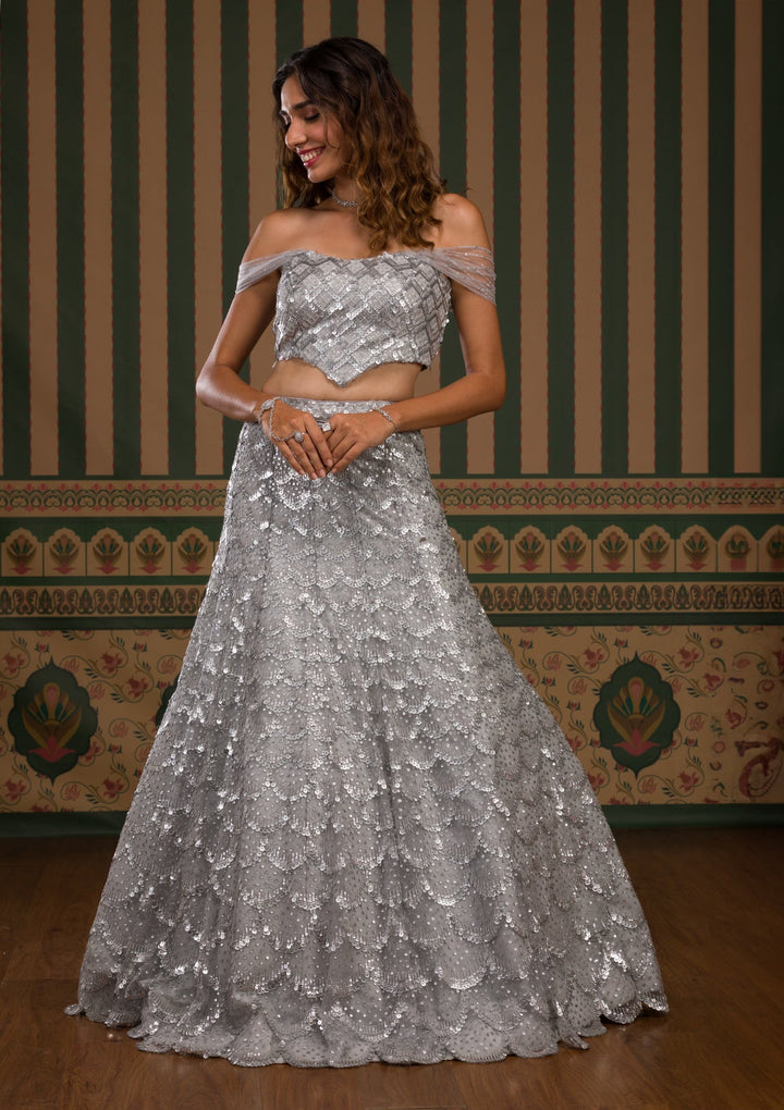 Grey Sequins Net Semi Stitched Lehenga
