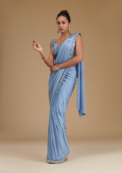 Grey Sequins Satin Readymade Saree-Koskii