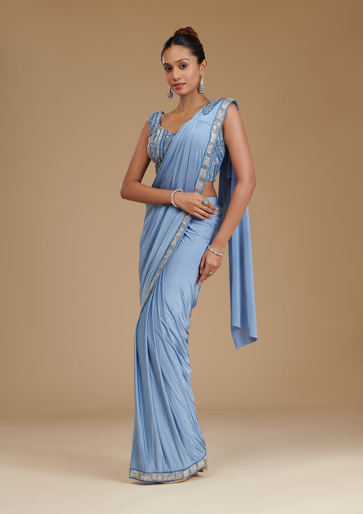 Grey Sequins Satin Readymade Saree-Koskii