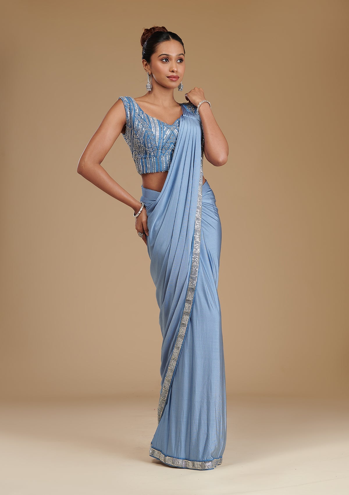 Grey Sequins Satin Readymade Saree-Koskii