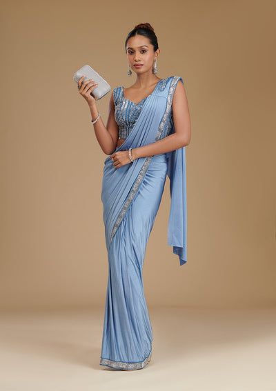 Grey Sequins Satin Readymade Saree-Koskii