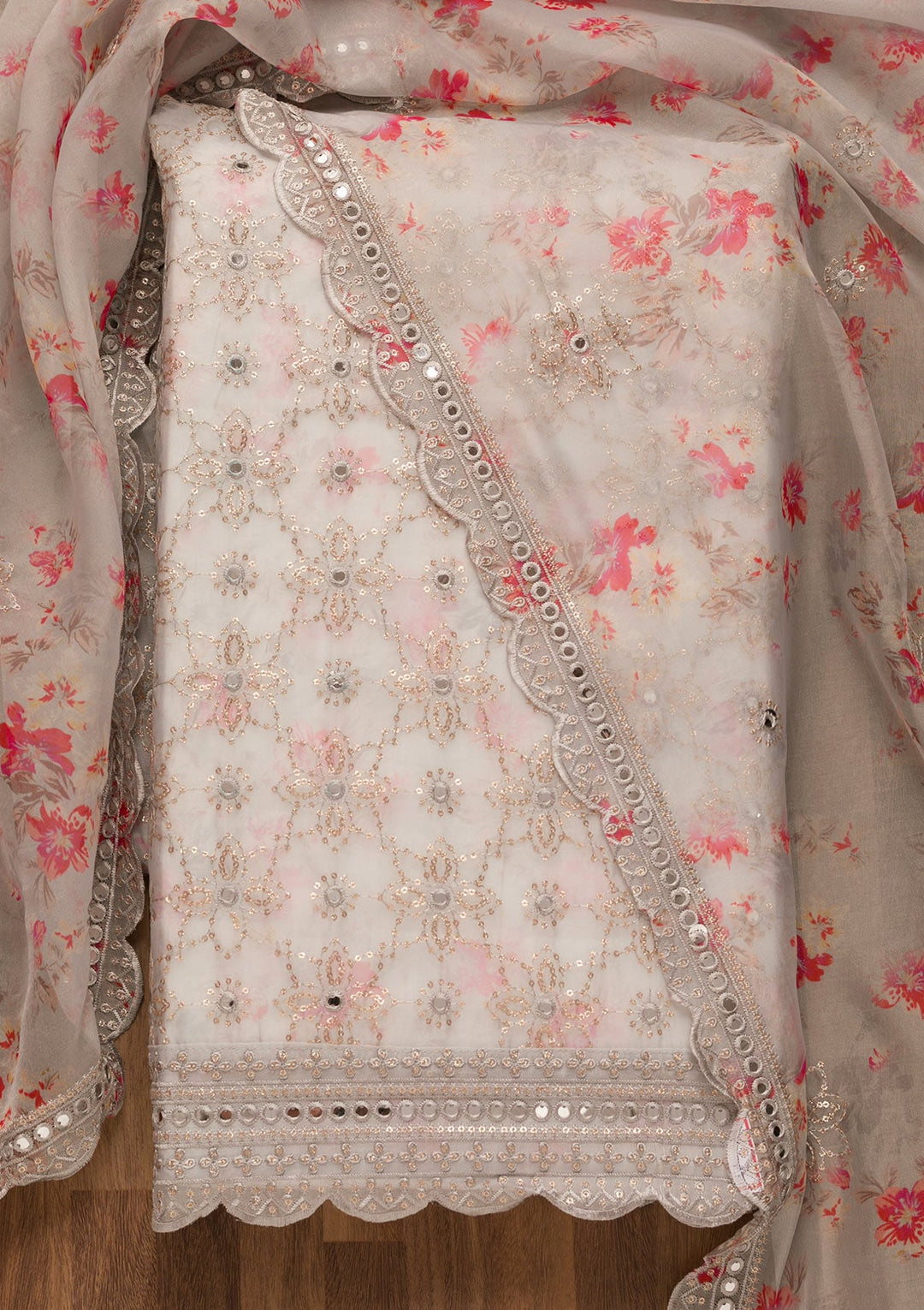 Grey Sequins Tissue Unstitched Salwar Suit-Koskii