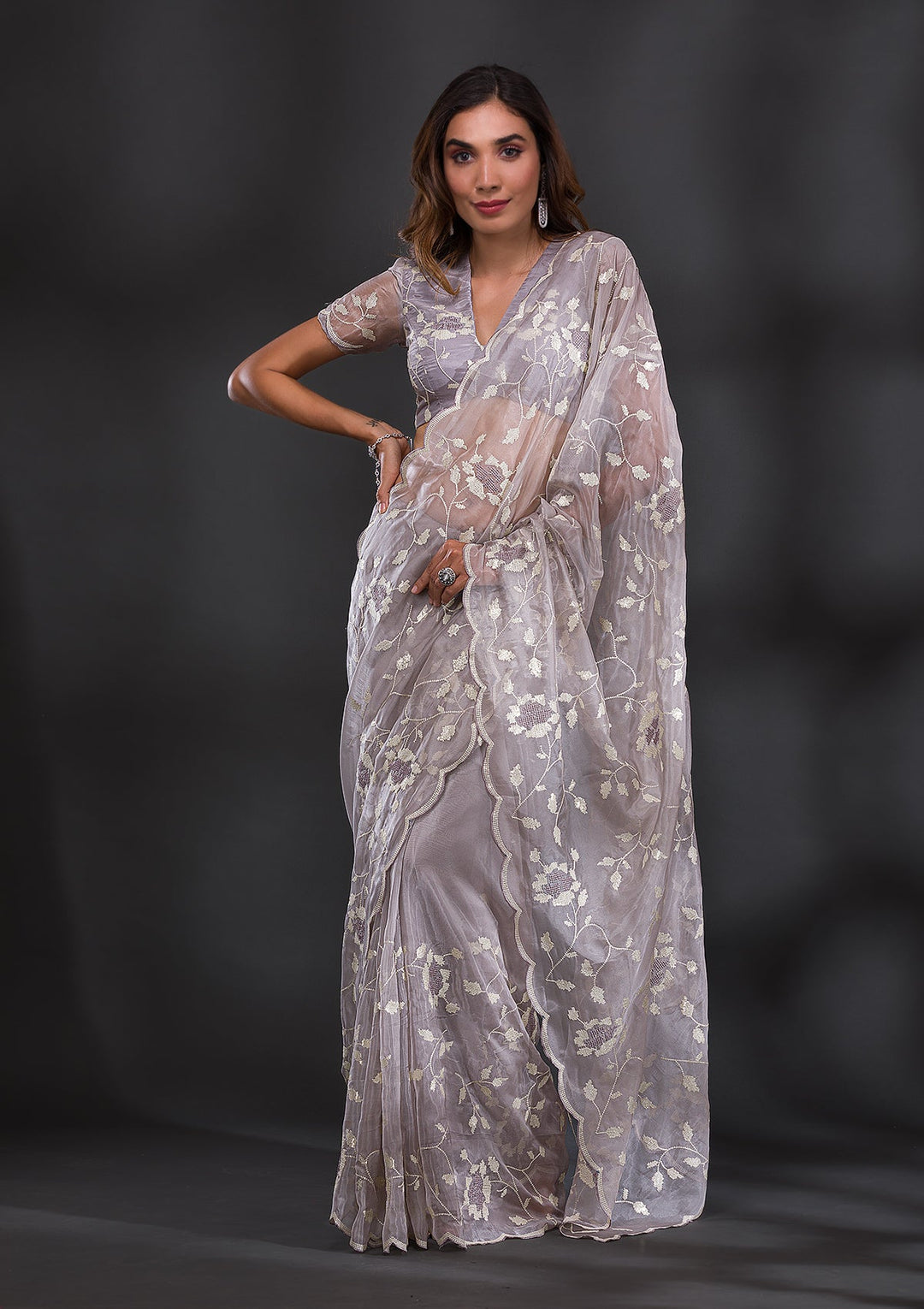 Grey Sequins Tissue Saree-Koskii