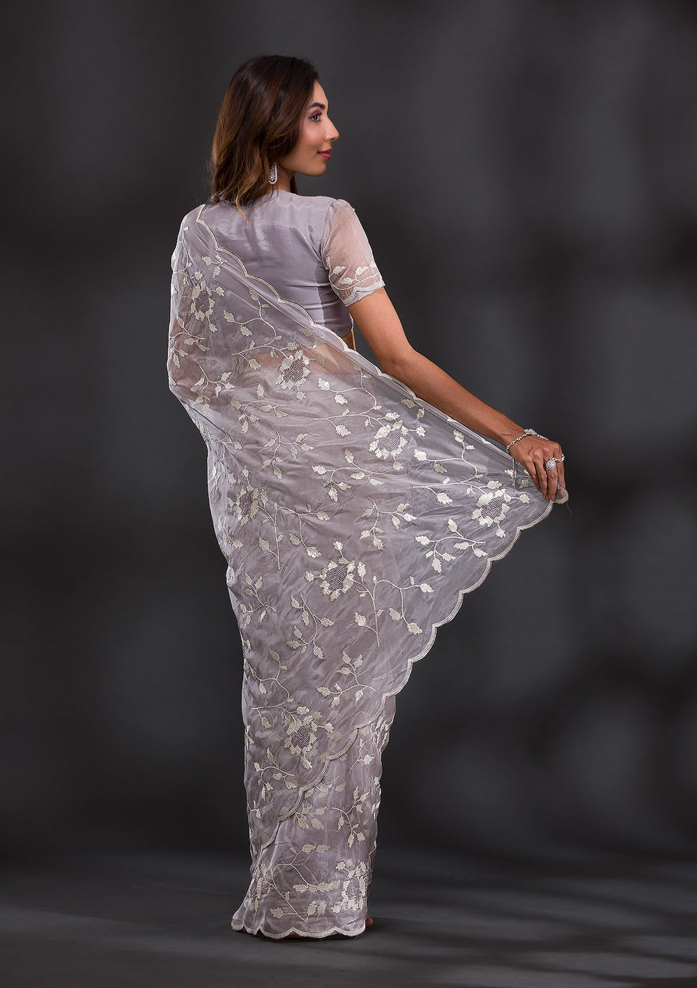 Grey Sequins Tissue Saree-Koskii