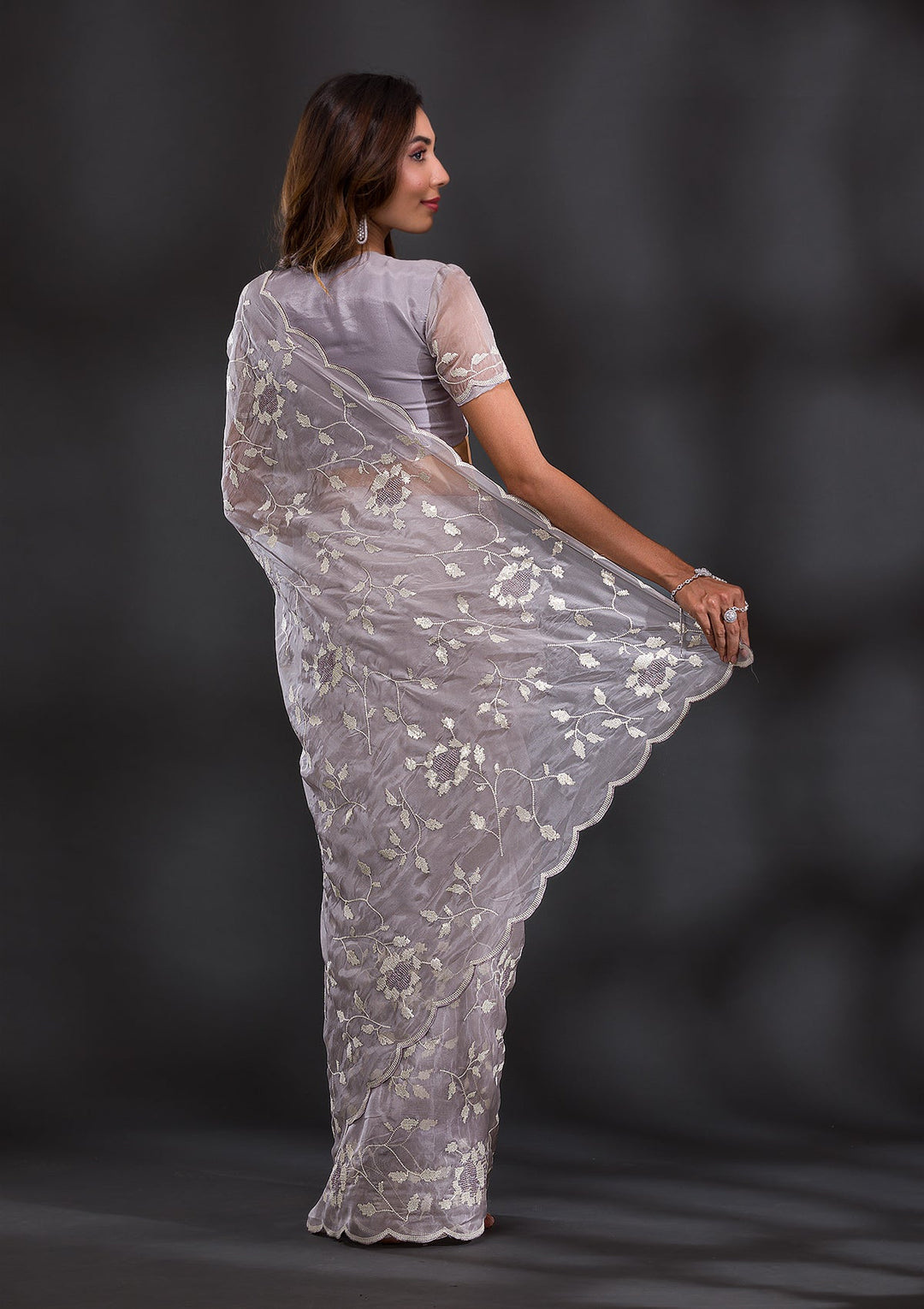 Grey Sequins Tissue Saree-Koskii