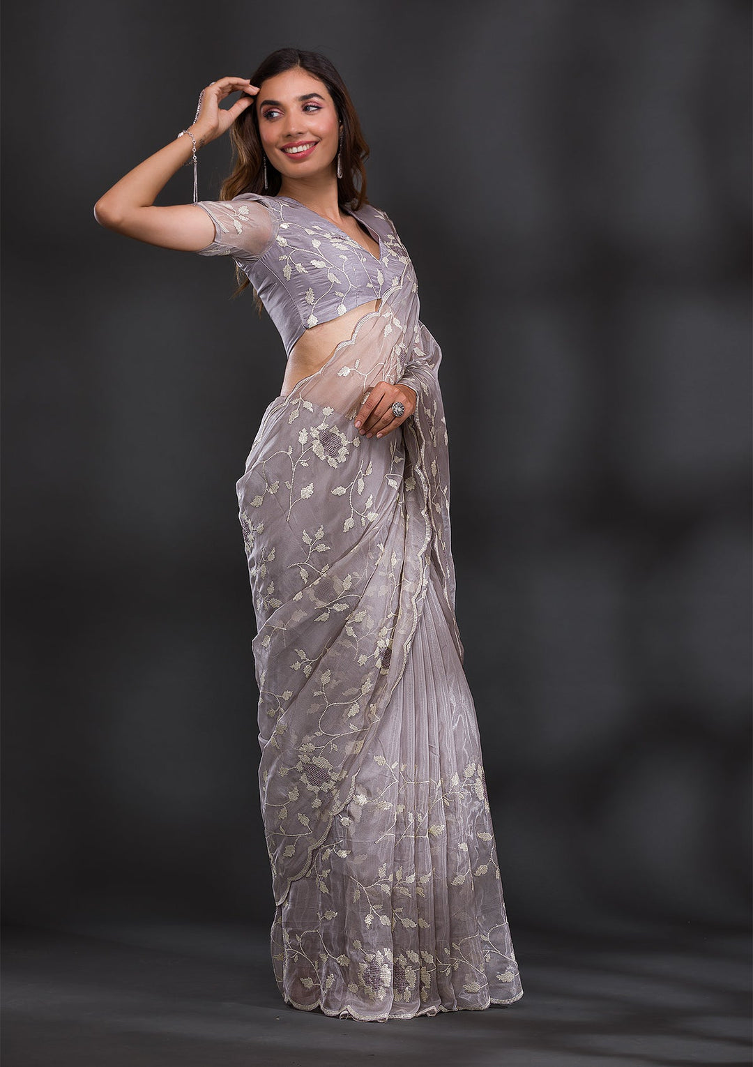 Grey Sequins Tissue Saree-Koskii
