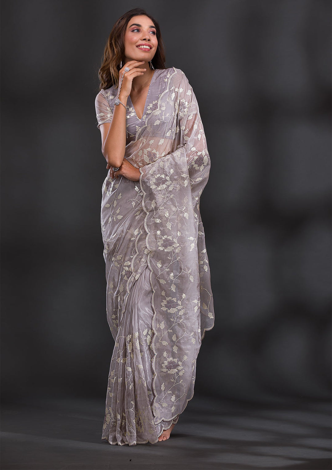 Grey Sequins Tissue Saree-Koskii