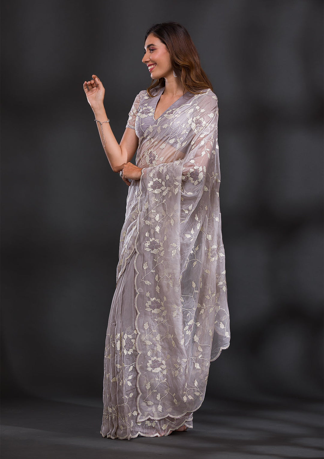 Grey Sequins Tissue Saree-Koskii