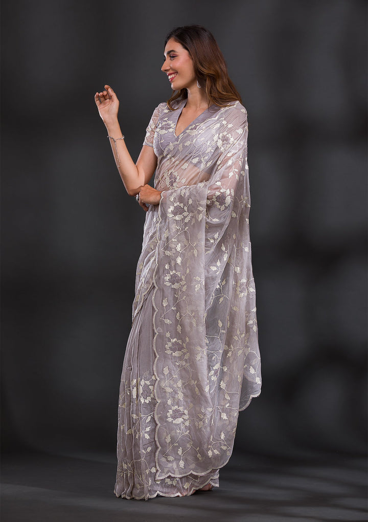 Grey Sequins Tissue Saree-Koskii