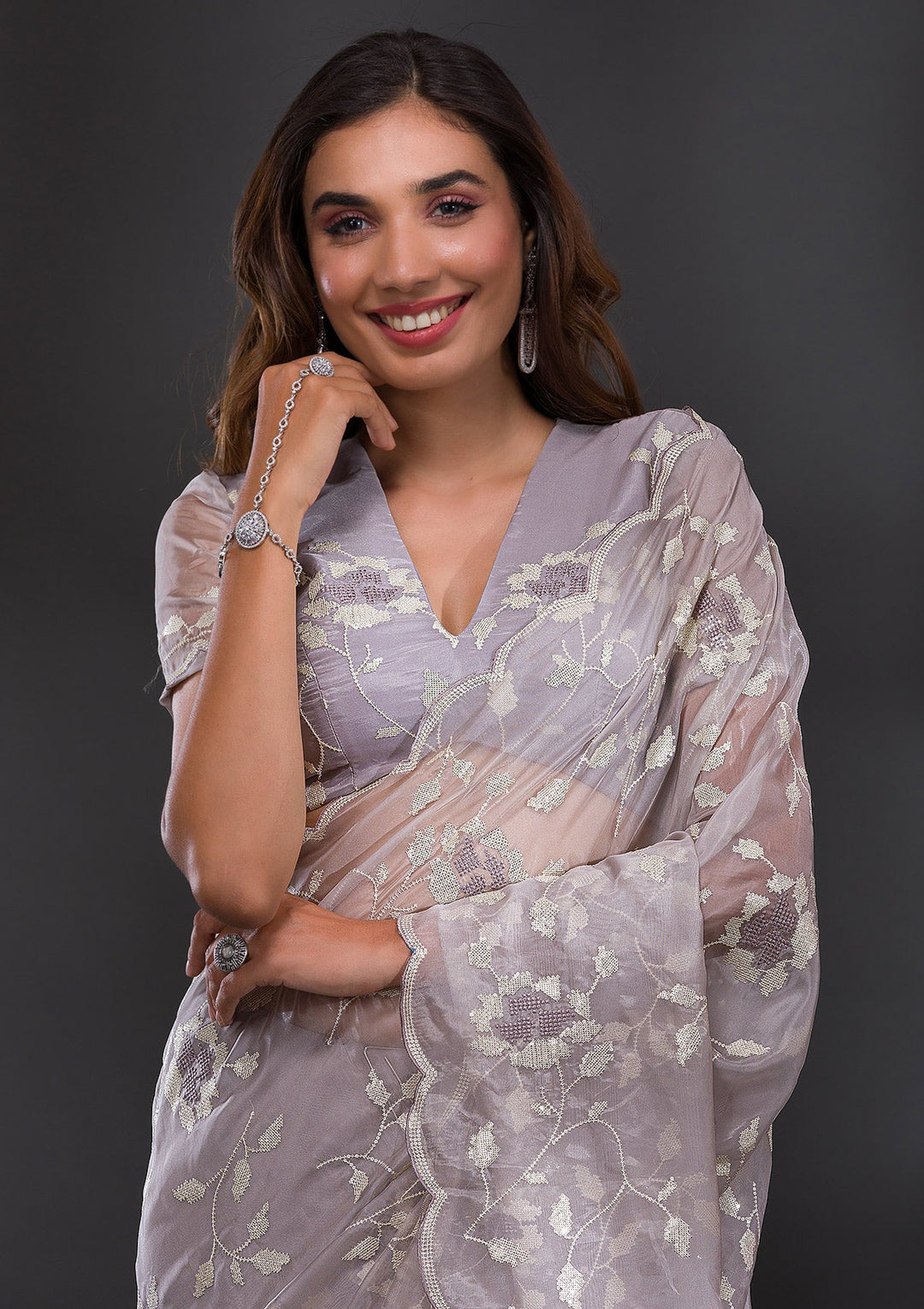 Grey Sequins Tissue Saree-Koskii