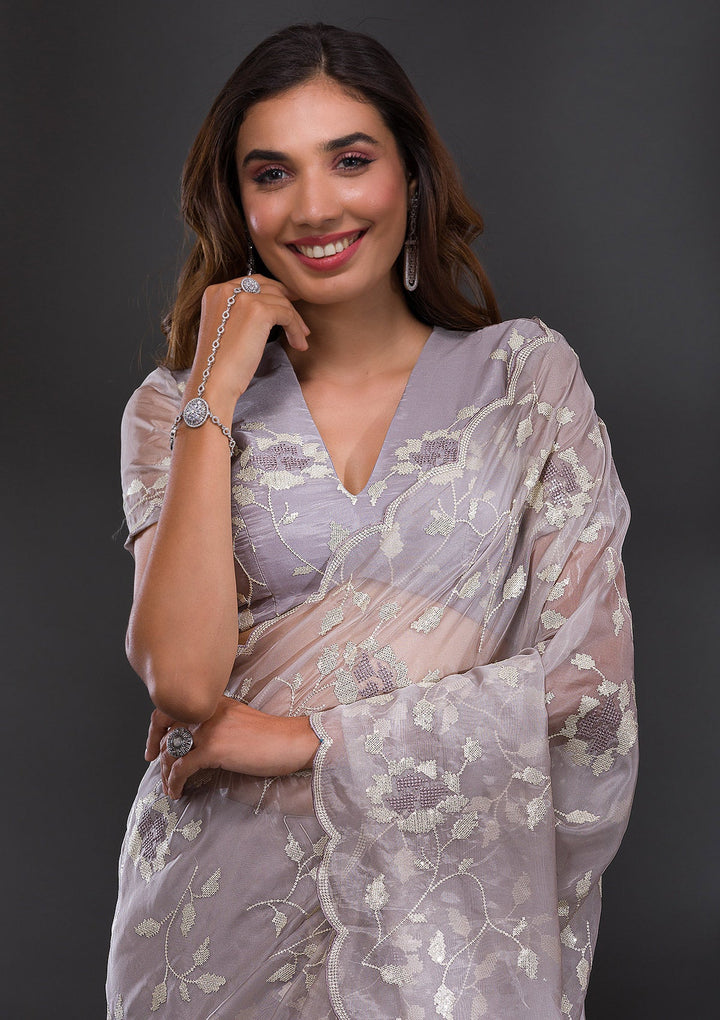 Grey Sequins Tissue Saree-Koskii