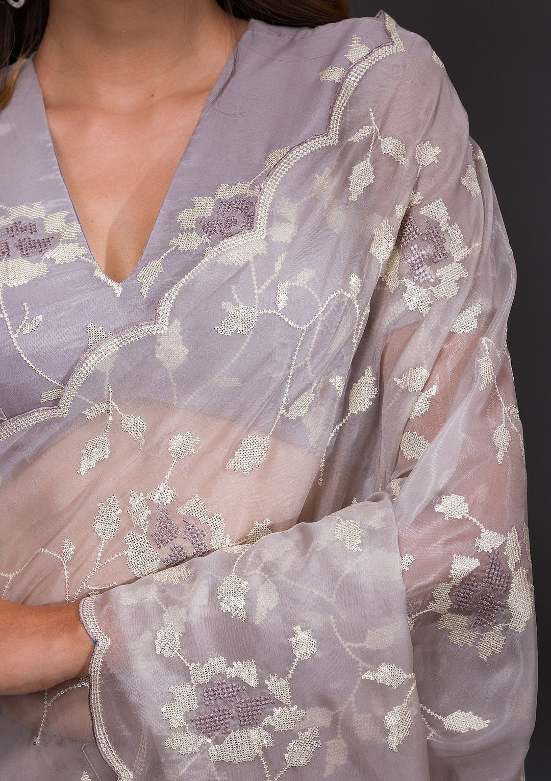 Grey Sequins Tissue Saree-Koskii