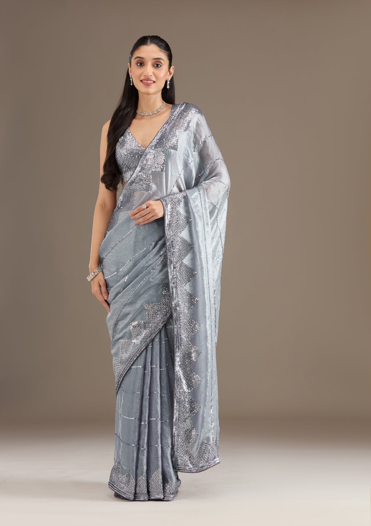 Grey Sequins Tissue Saree-Koskii