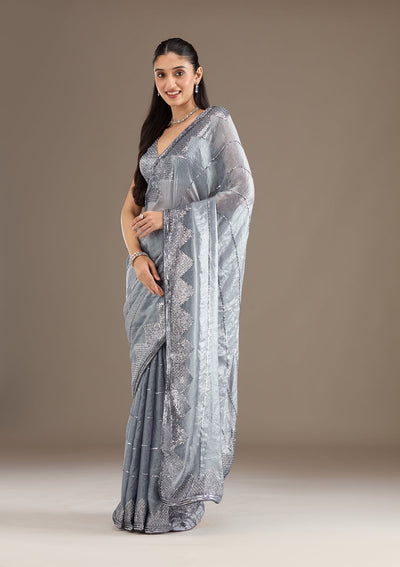 Grey Sequins Tissue Saree-Koskii