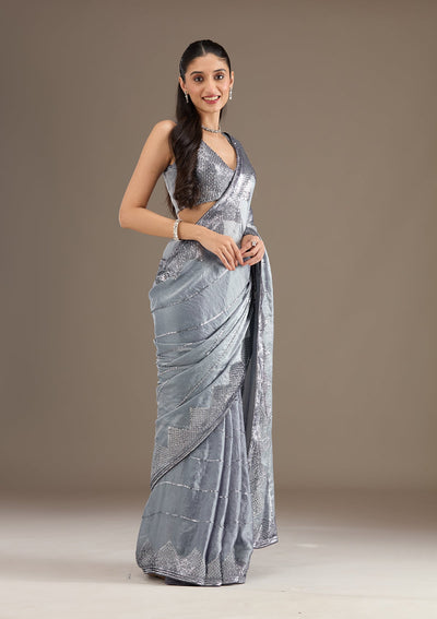 Grey Sequins Tissue Saree-Koskii