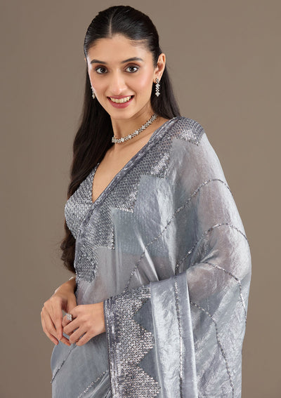 Grey Sequins Tissue Saree-Koskii