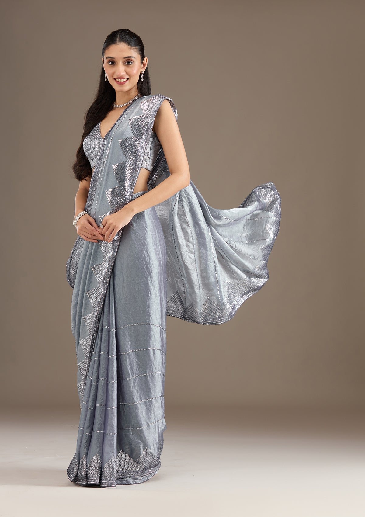 Grey Sequins Tissue Saree-Koskii