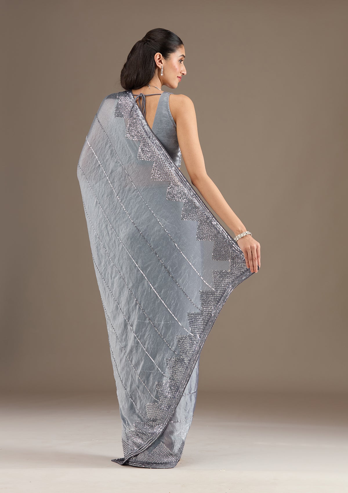 Grey Sequins Tissue Saree-Koskii