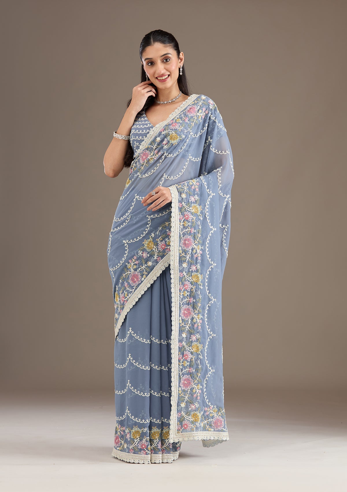 Grey Sequins Tissue Saree-Koskii