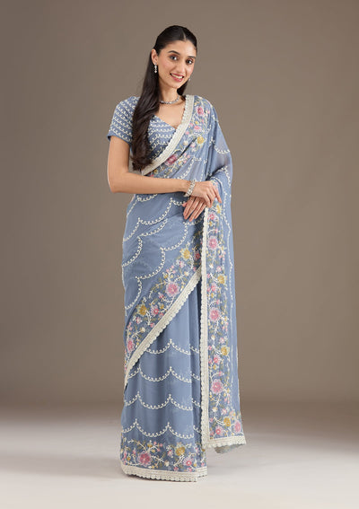 Grey Sequins Tissue Saree-Koskii