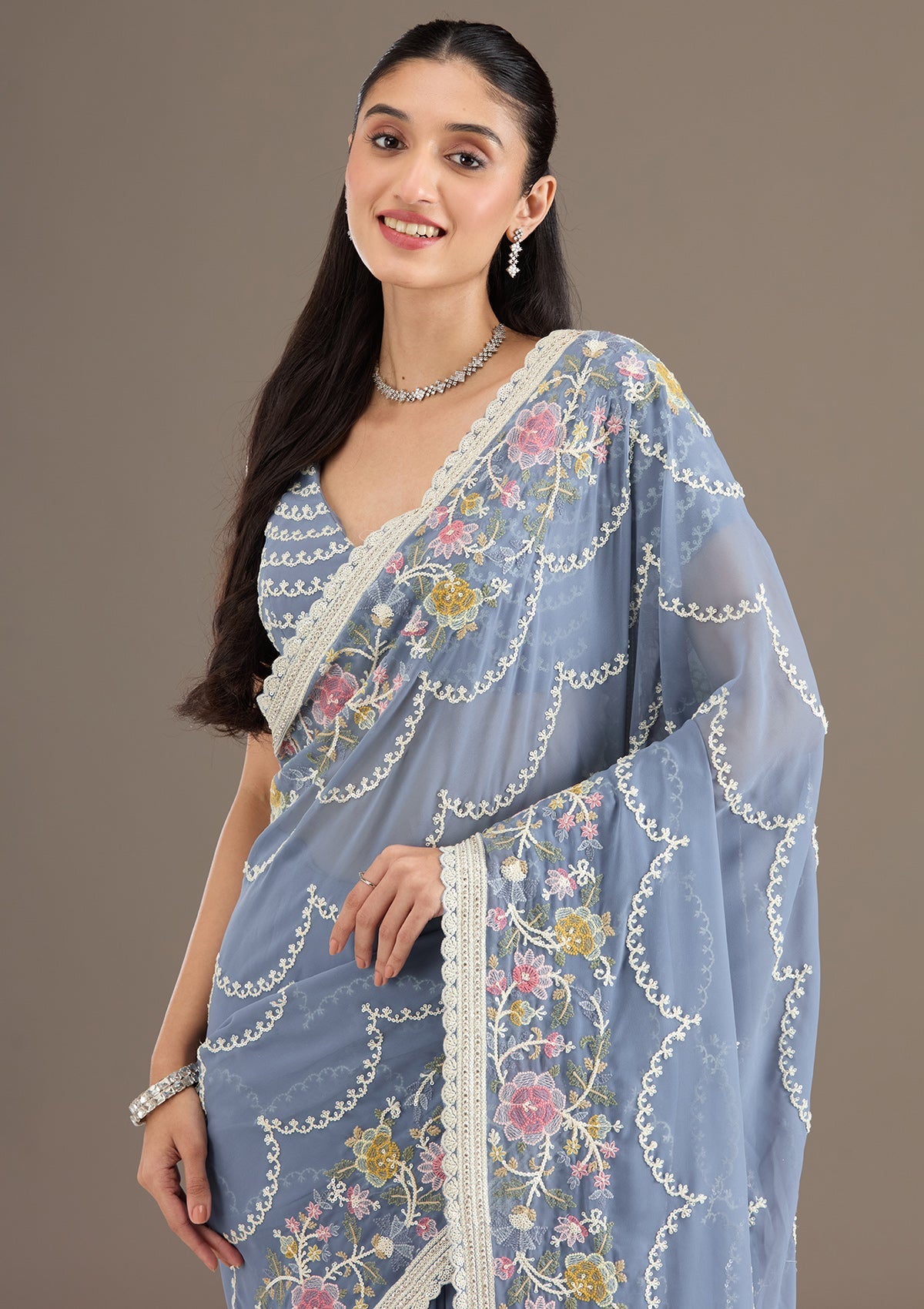 Grey Sequins Tissue Saree-Koskii