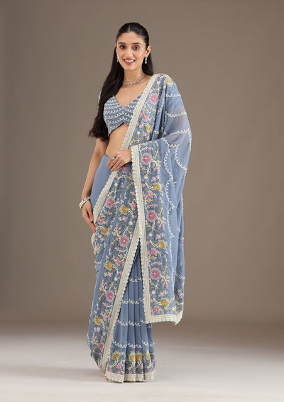 Grey Sequins Tissue Saree-Koskii