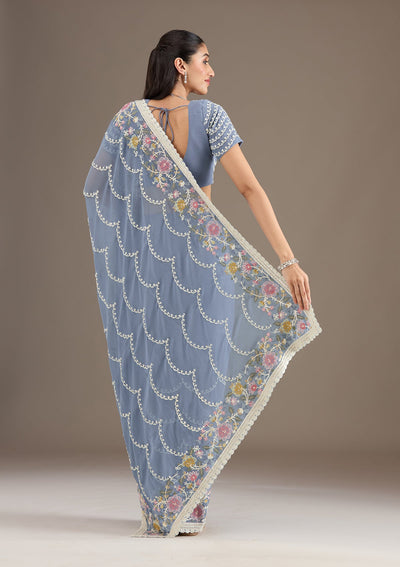 Grey Sequins Tissue Saree-Koskii