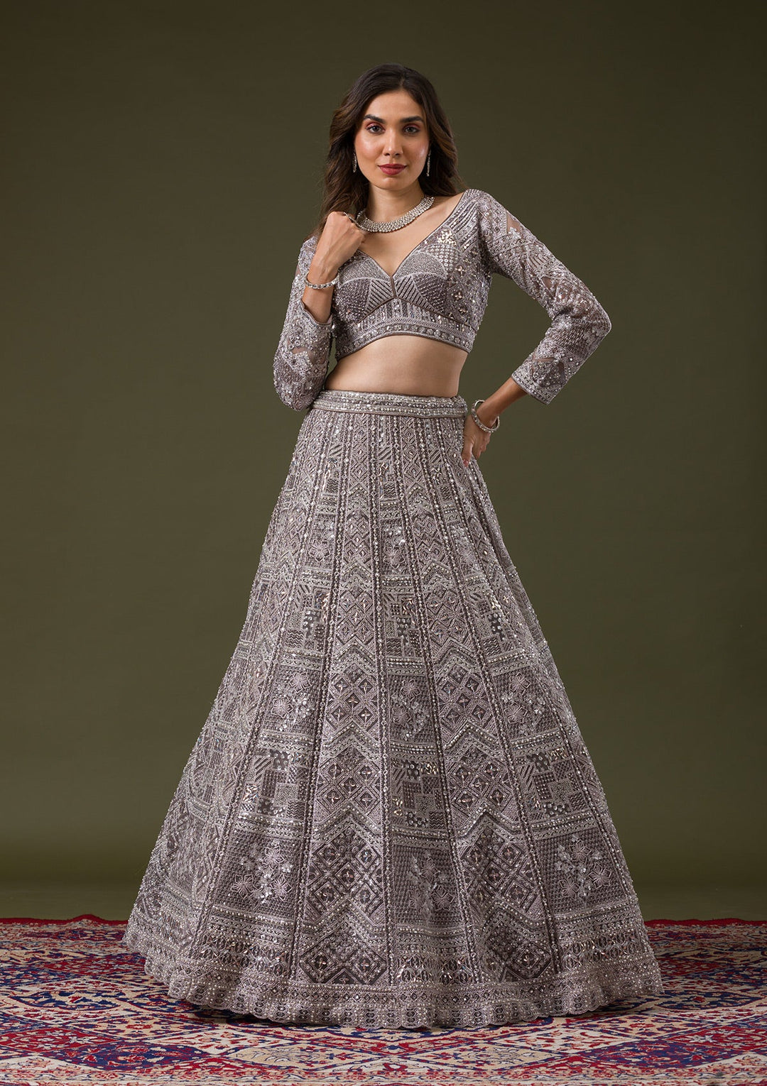 Grey Silver Stonework Net Readymade Lehenga-Koskii