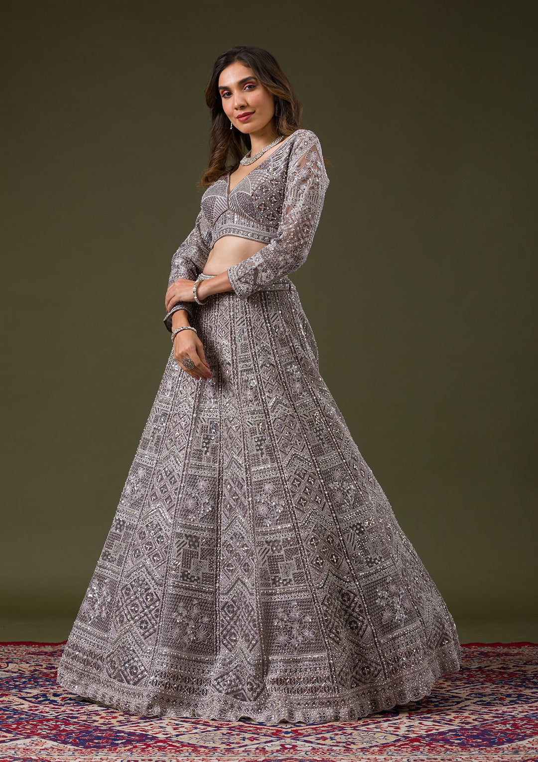 Grey Silver Stonework Net Readymade Lehenga-Koskii
