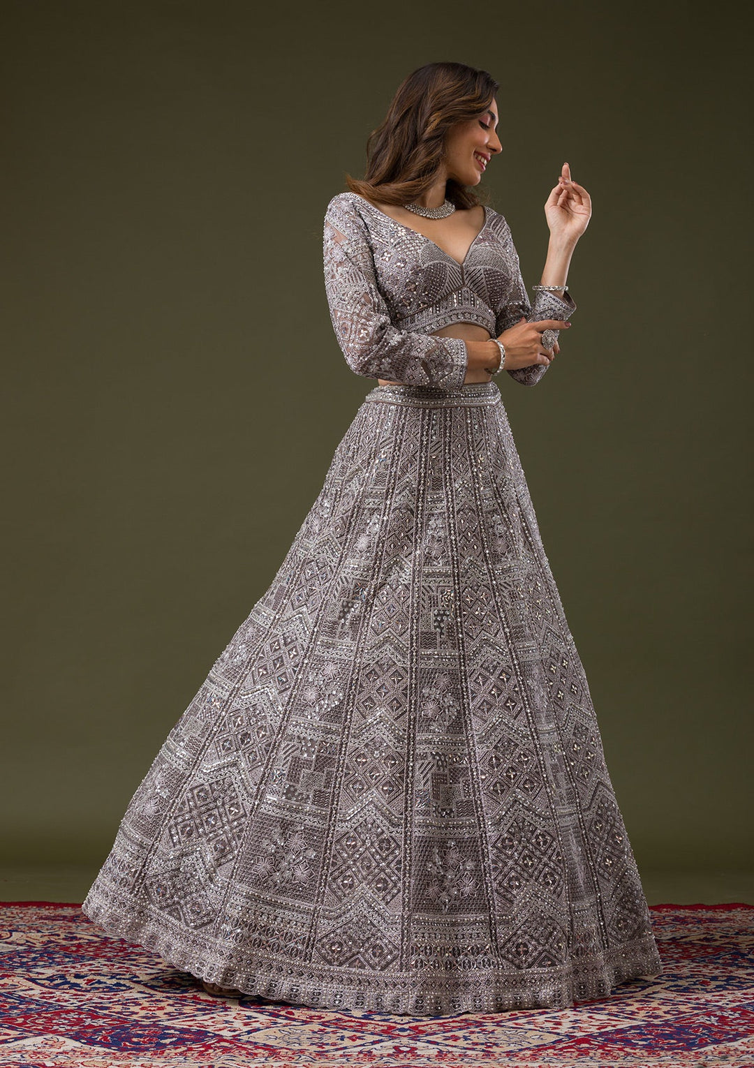 Grey Silver Stonework Net Readymade Lehenga-Koskii