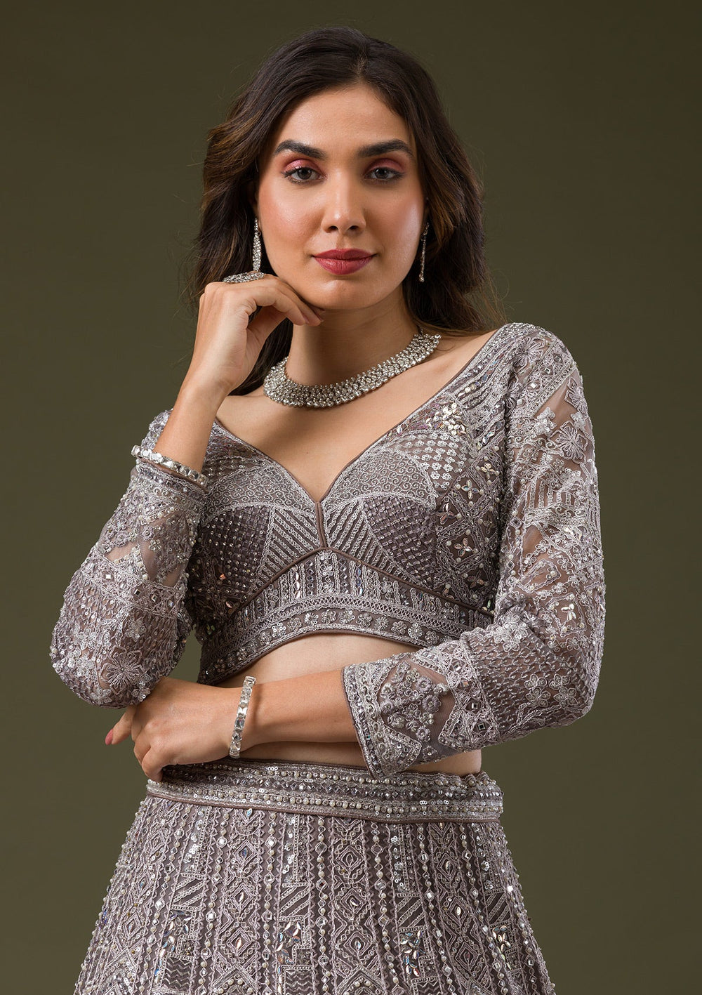 Grey Silver Stonework Net Readymade Lehenga-Koskii