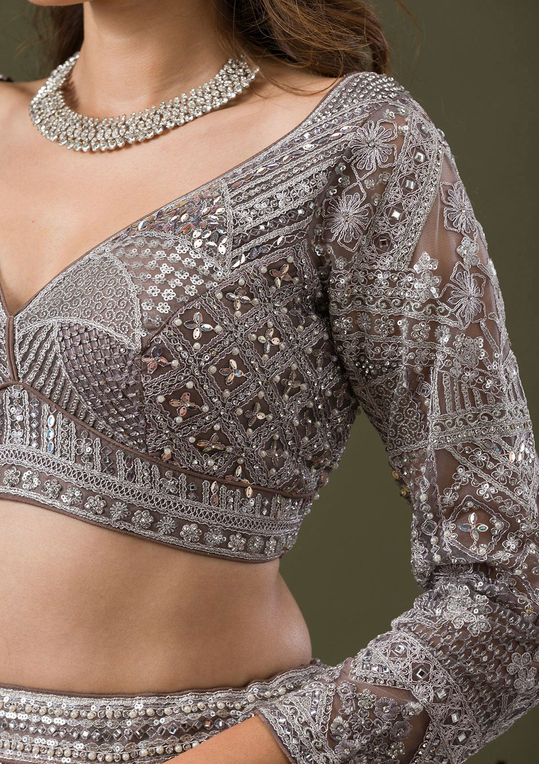 Grey Silver Stonework Net Readymade Lehenga-Koskii
