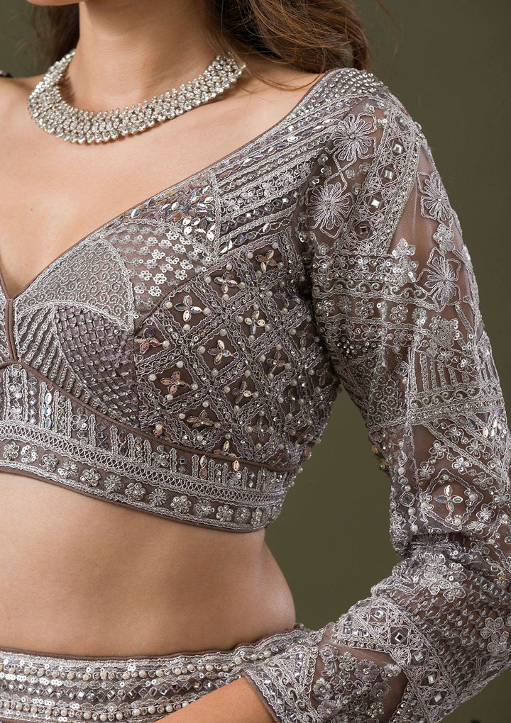 Grey Silver Stonework Net Readymade Lehenga-Koskii