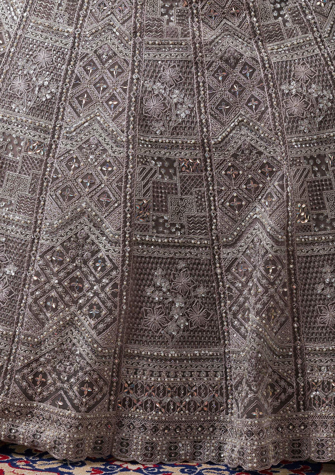 Grey Silver Stonework Net Readymade Lehenga-Koskii