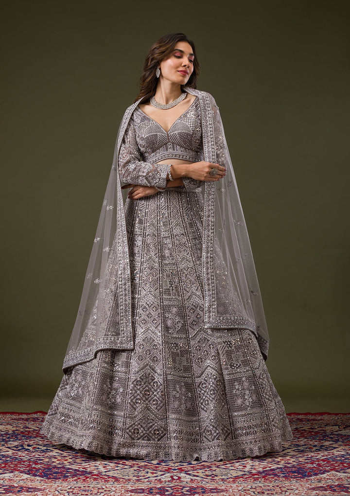 Grey Silver Stonework Net Readymade Lehenga-Koskii