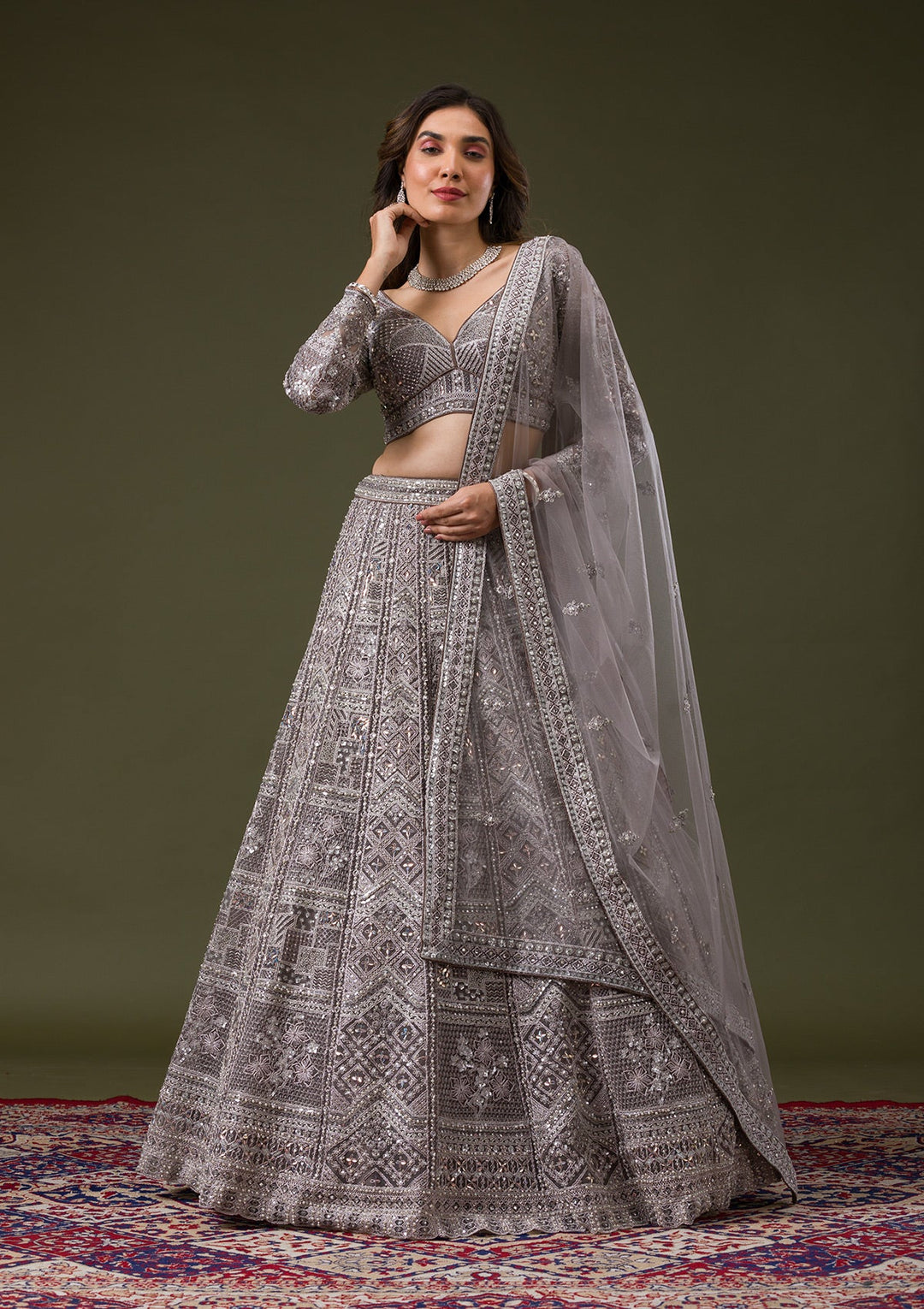 Grey Silver Stonework Net Readymade Lehenga-Koskii