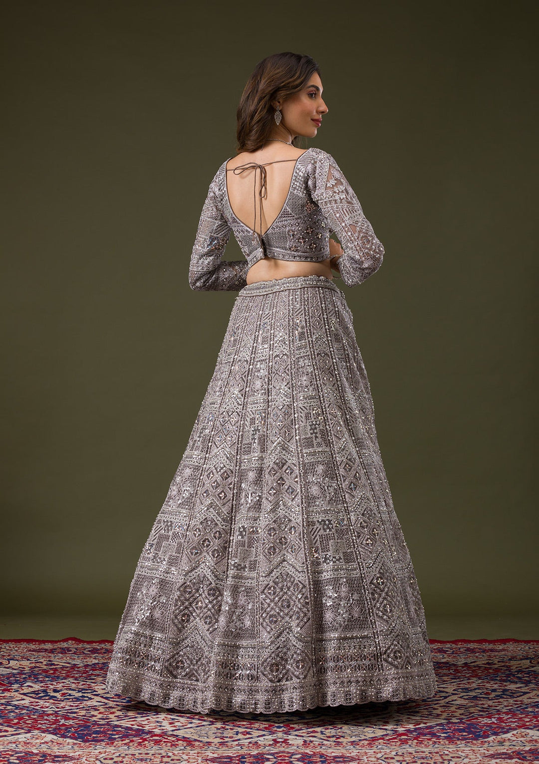 Grey Silver Stonework Net Readymade Lehenga-Koskii