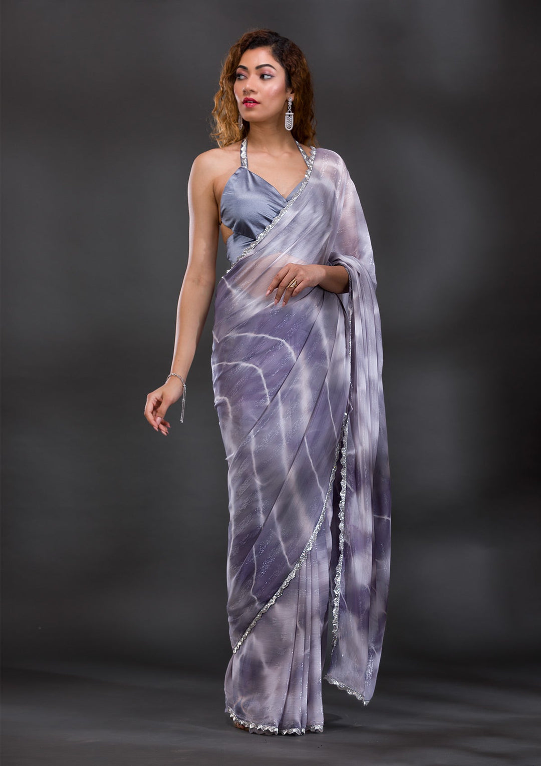 Grey Silver Stonework Shimmer Georgette Saree-Koskii