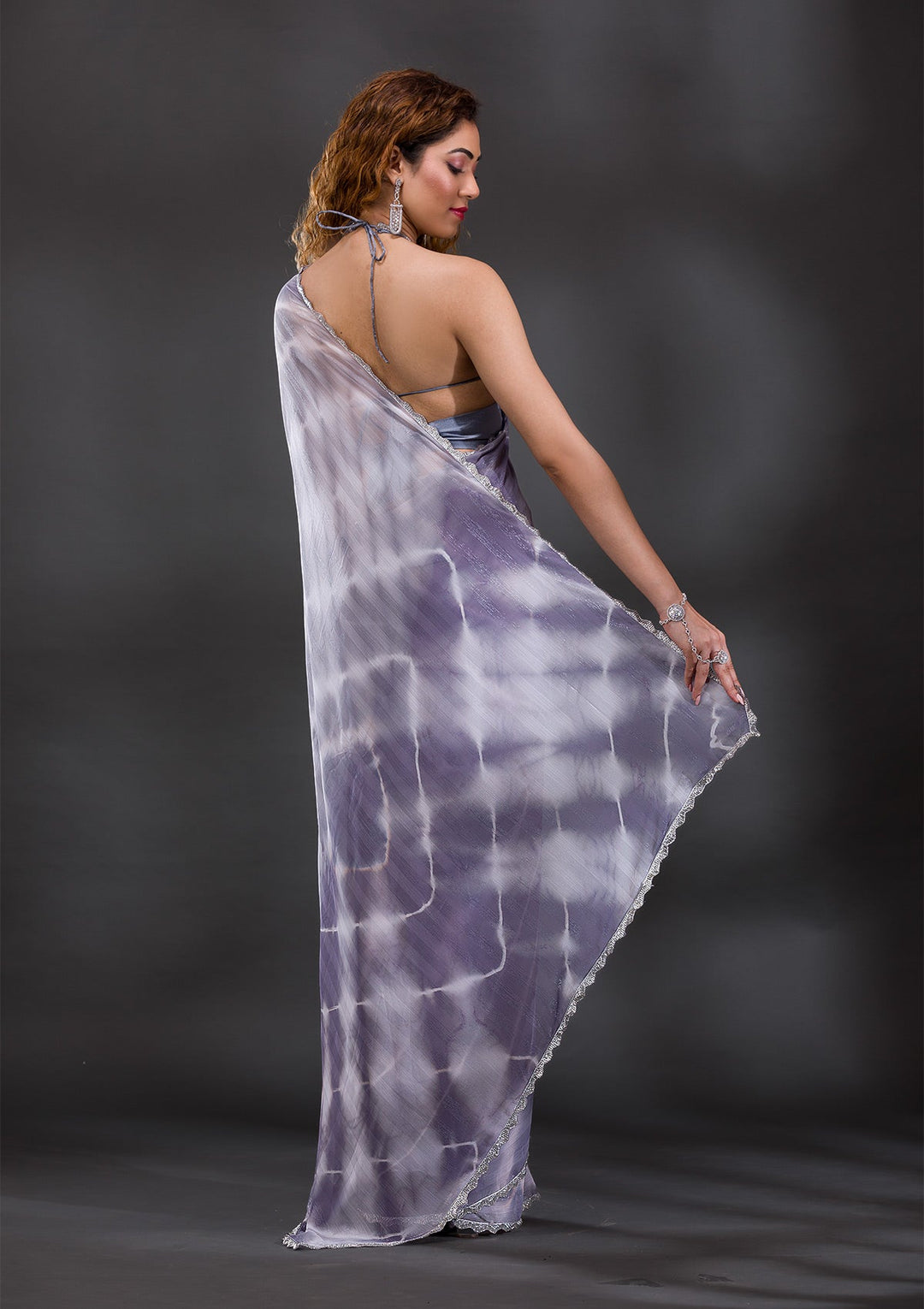 Grey Silver Stonework Shimmer Georgette Saree-Koskii