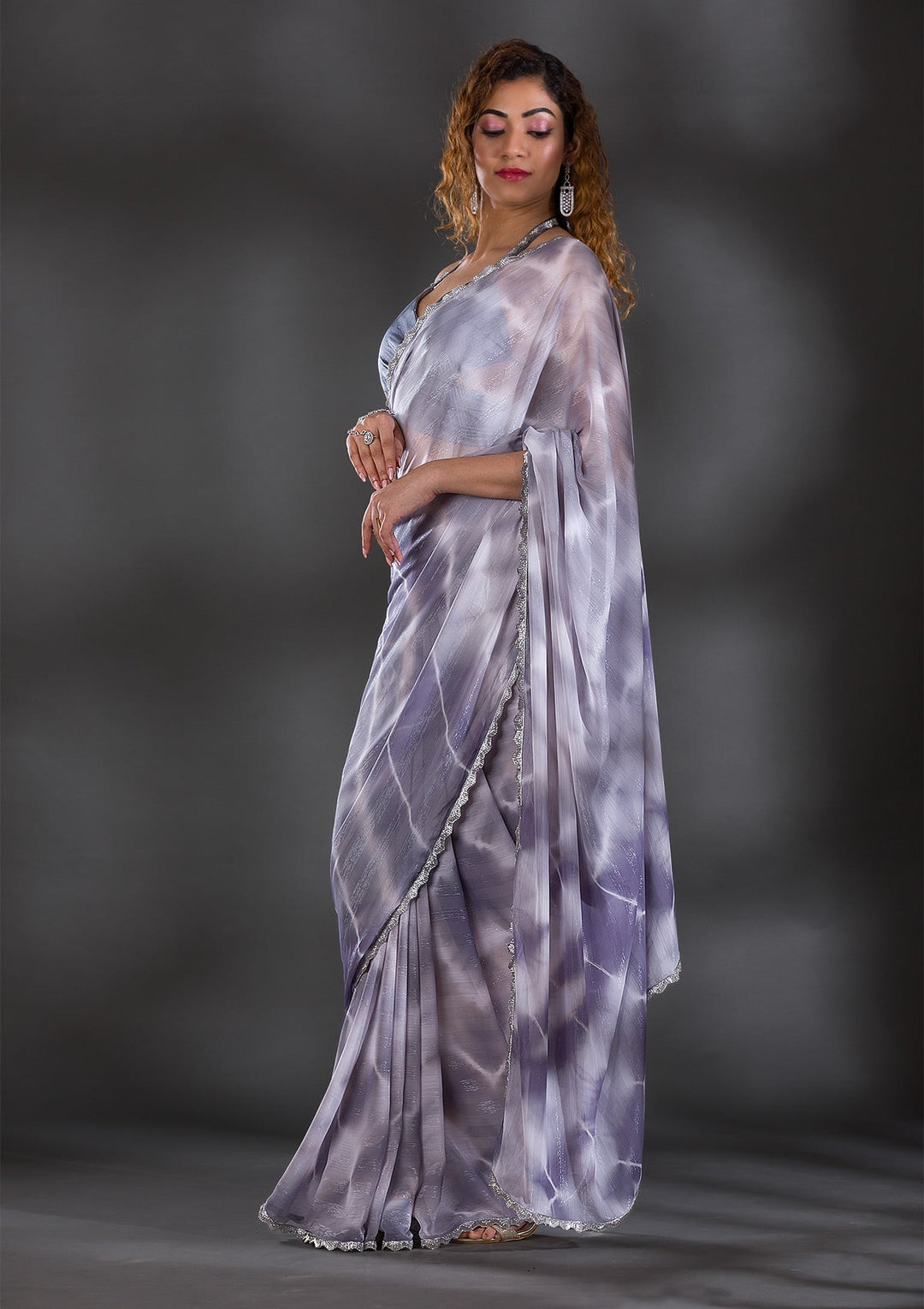 Grey Silver Stonework Shimmer Georgette Saree-Koskii