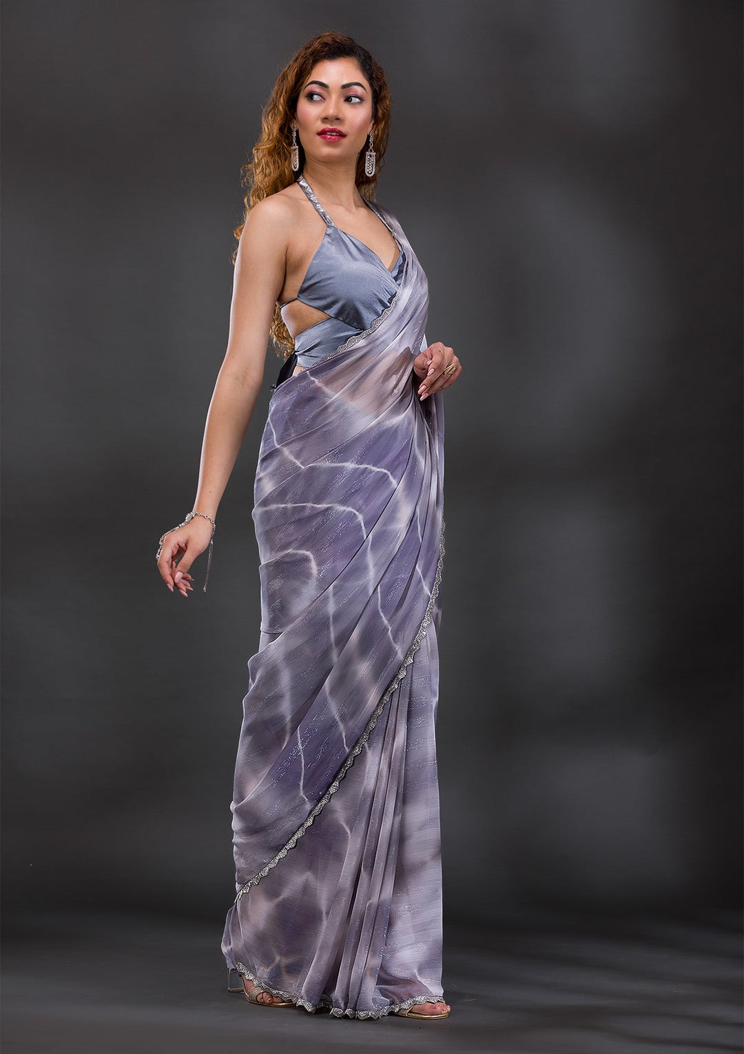 Grey Silver Stonework Shimmer Georgette Saree-Koskii