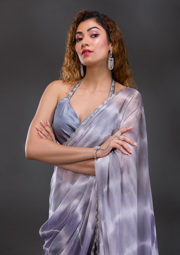 Grey Silver Stonework Shimmer Georgette Saree-Koskii