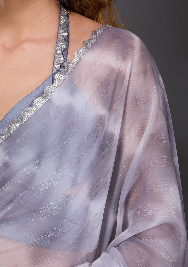 Grey Silver Stonework Shimmer Georgette Saree-Koskii