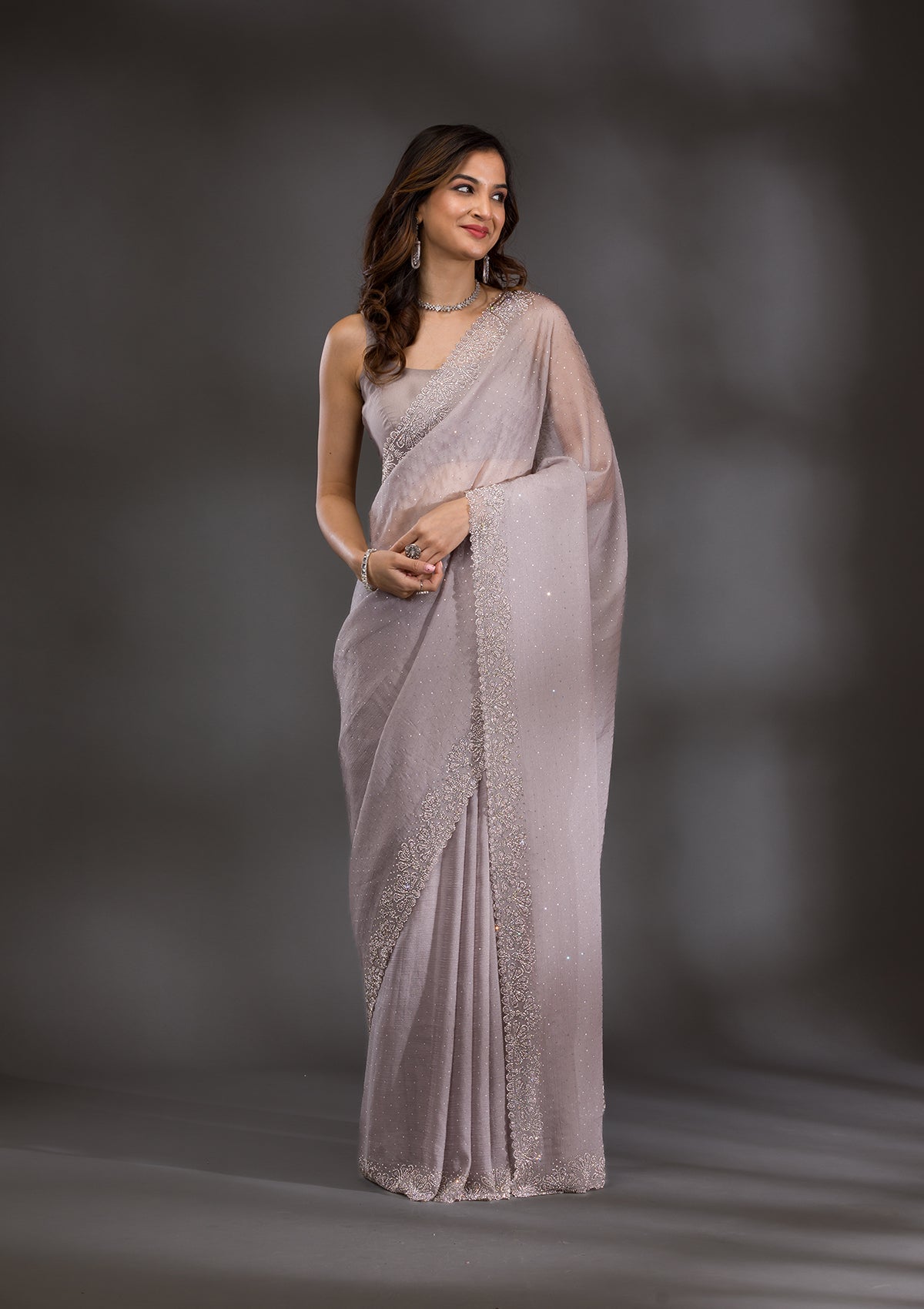 Grey Silver Stonework Tissue Saree-Koskii